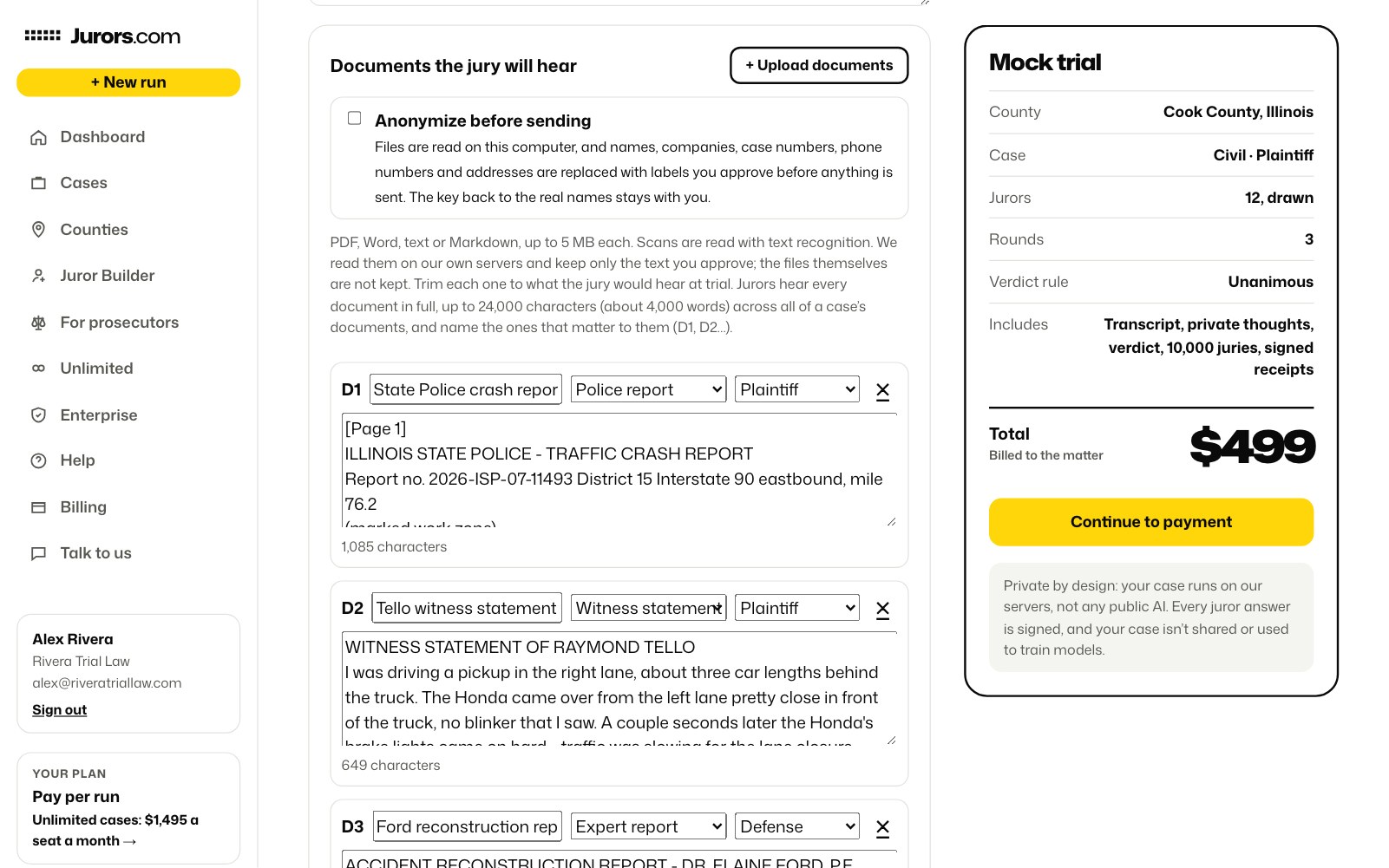 Documents uploaded for a mock trial: a police report, a witness statement and an expert report
