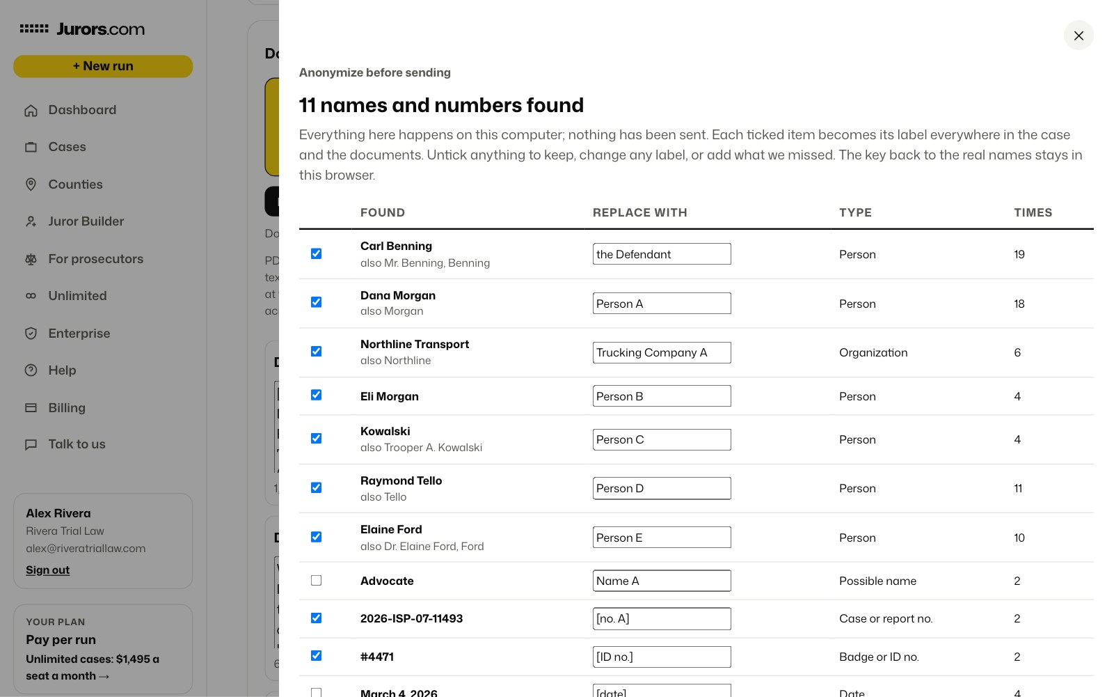 Anonymize before sending: names, a company and a report number found in a case and its documents, each with the label it will be replaced with